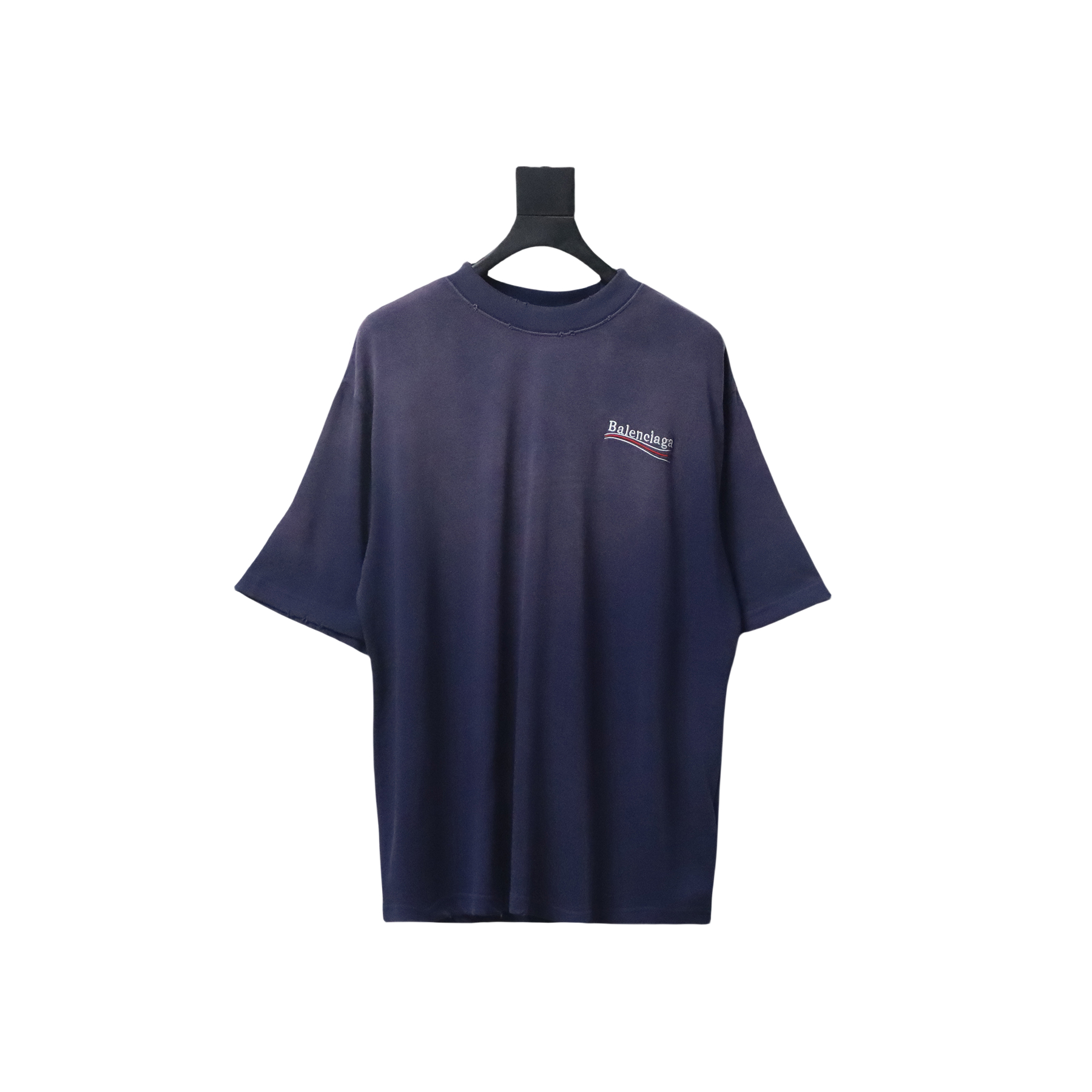 Balenciaga 25ss washed cola embroidery fried color hole short-sleeved T-shirt dark blue