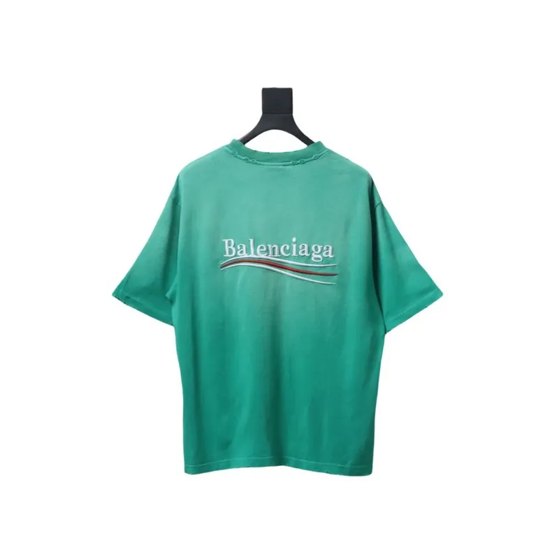 Balenciaga 25ss washed cola embroidery fried color hole short-sleeved T-shirt green
