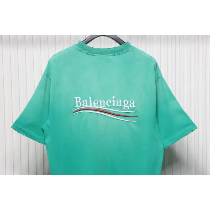Balenciaga 25ss washed cola embroidery fried color hole short-sleeved T-shirt green