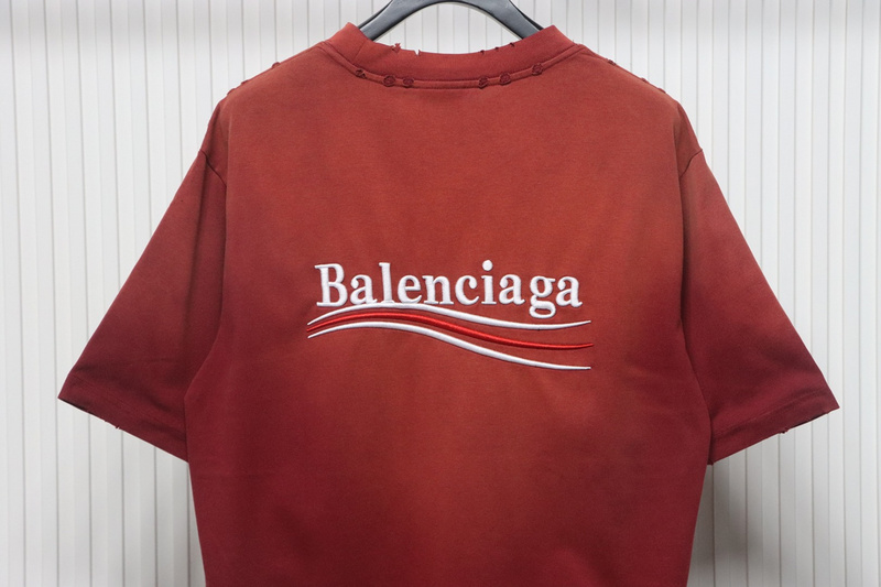 Balenciaga 25ss washed cola embroidery fried color hole short-sleeved T-shirt red