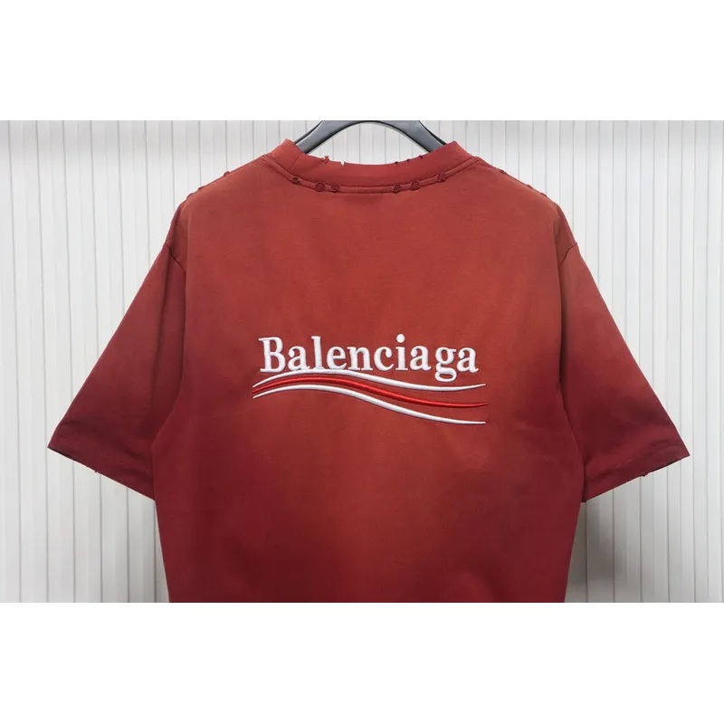 Balenciaga 25ss washed cola embroidery fried color hole short-sleeved T-shirt red