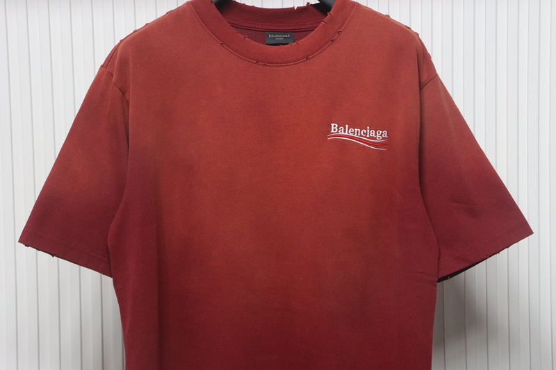 Balenciaga 25ss washed cola embroidery fried color hole short-sleeved T-shirt red