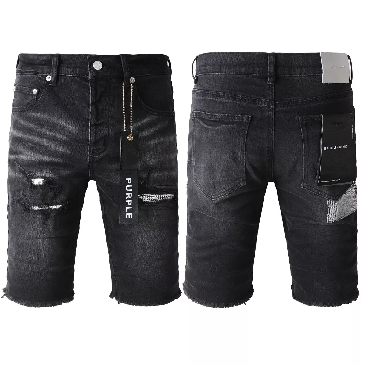Purple Brand Shorts Pants Patchwork Men's Crease Skinny Fit Black Jeans 5001