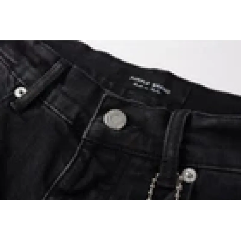 Purple Brand Shorts Pants Patchwork Men's Crease Skinny Fit Black Jeans 5001