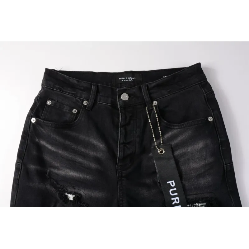 Purple Brand Shorts Pants Patchwork Men's Crease Skinny Fit Black Jeans 5001