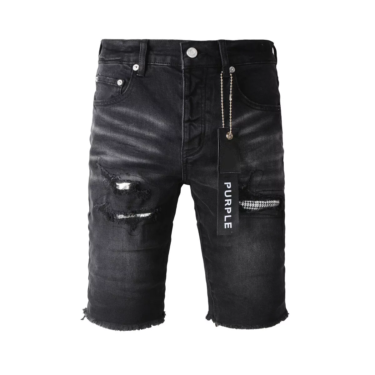 Purple Brand Shorts Pants Patchwork Men's Crease Skinny Fit Black Jeans 5001