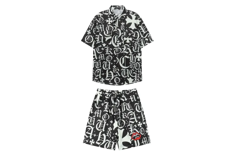 Chrome Hearts Cross Silk Shirt & Shorts Black Set Flaming Lips
