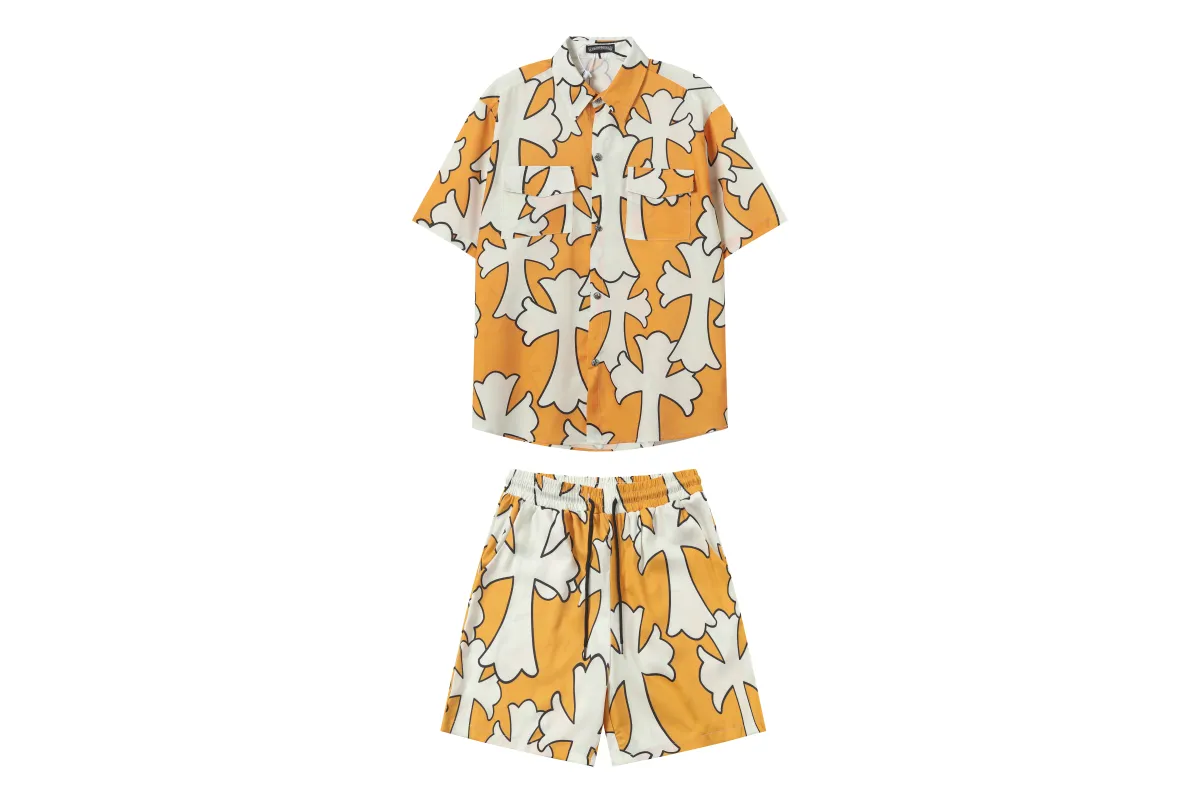 Chrome Hearts Cross Silk Shirt & Shorts Set Orange White