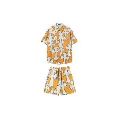 Chrome Hearts Cross Silk Shirt & Shorts Set Orange White 01