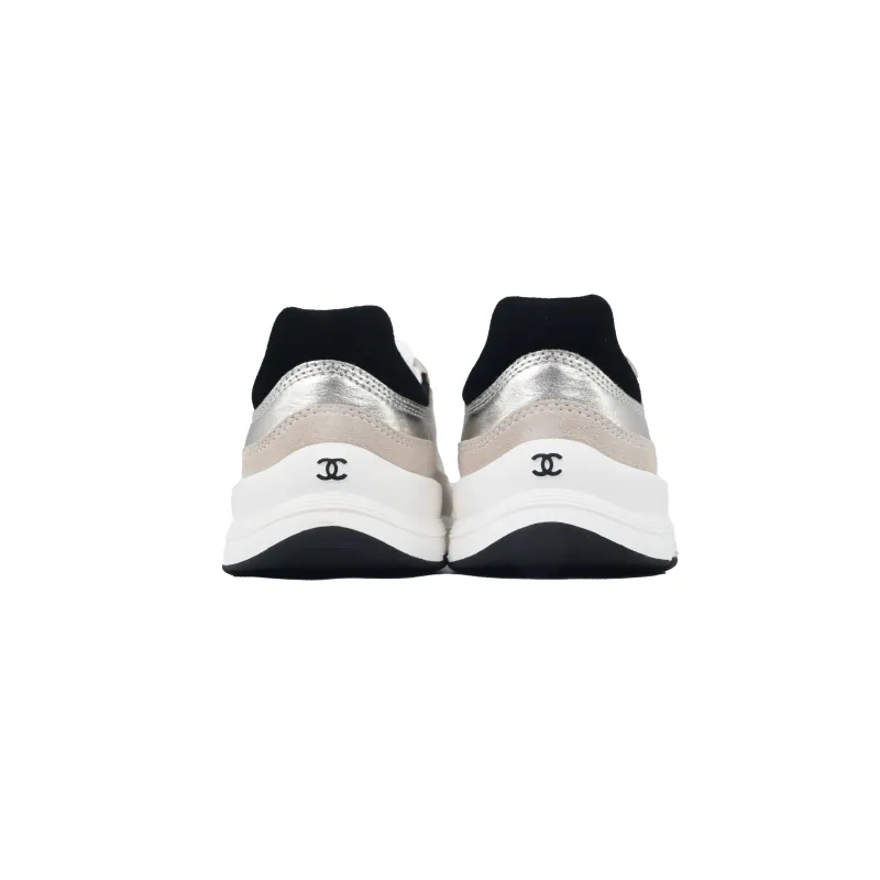 PK God Batch Chanel Interlocking CC Logo Laminated Calfskin & Suede Calfskin Sneakers Light Gold, Light Gray & Black