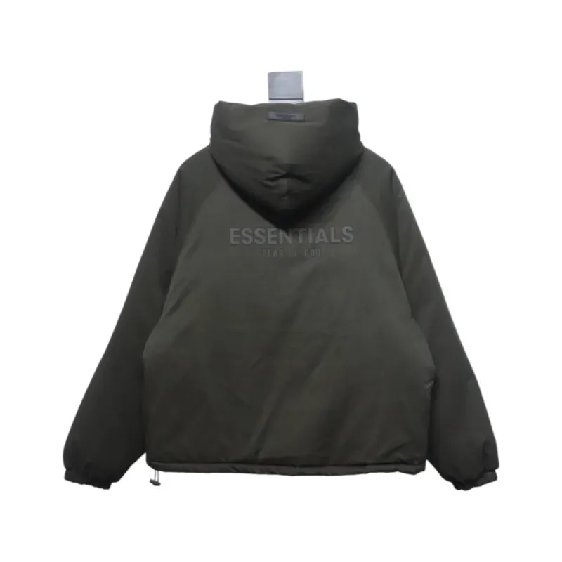 Fear of God Essentials Letter Print Hooded Synthetic Insulated Jacket Dark Green