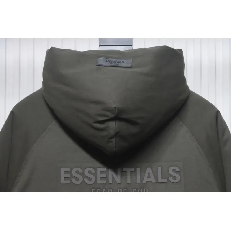 Fear of God Essentials Letter Print Hooded Synthetic Insulated Jacket Dark Green