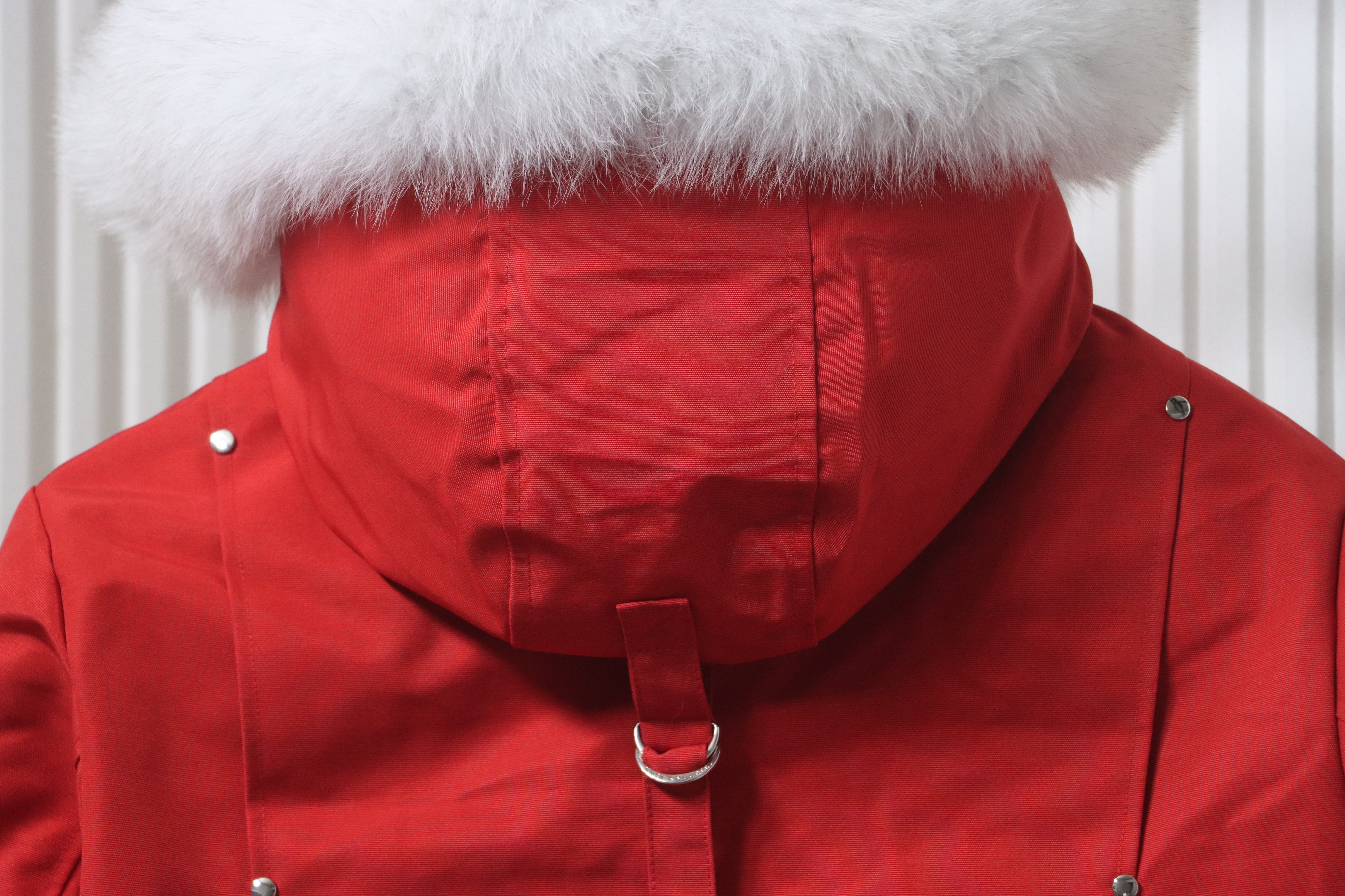 Moose Knuckles Women's long down jacket, bright red