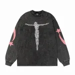 Hellstar Christ Long-Sleeve Washed Black T-Shirt D3102 Old Brick Red