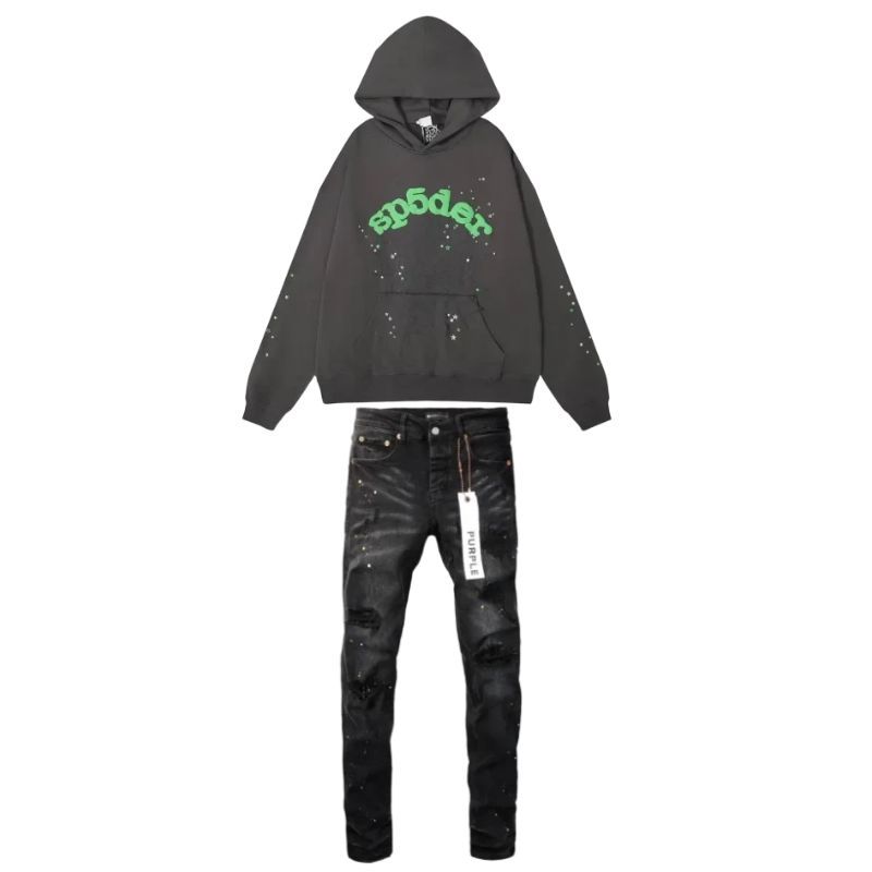 Sp5der Hoodie dark gray + Purple Brand Fashion Men Jeans 6