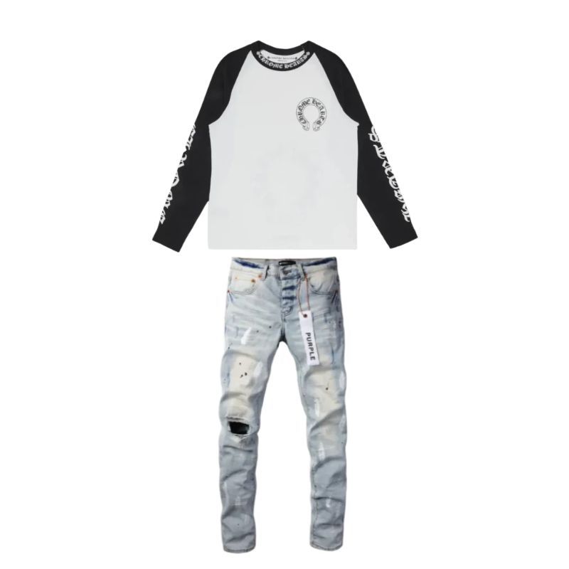 Chrome Hearts Horseshoe Baseball Shirt White/Black+Purple Brand Fashion Men Jeans 2