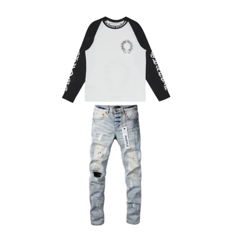 Chrome Hearts Horseshoe Baseball Shirt White/Black+Purple Brand Fashion Men Jeans 2