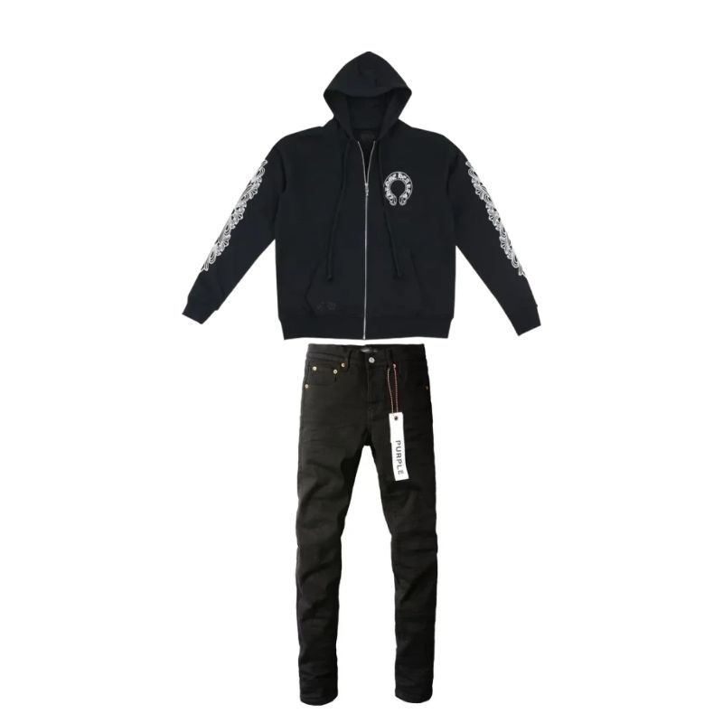 Chrome Hearts Horseshoe Floral Cross-Sleeve Zip Up Hoodie+Purple Brand Fashion Men Jeans 4