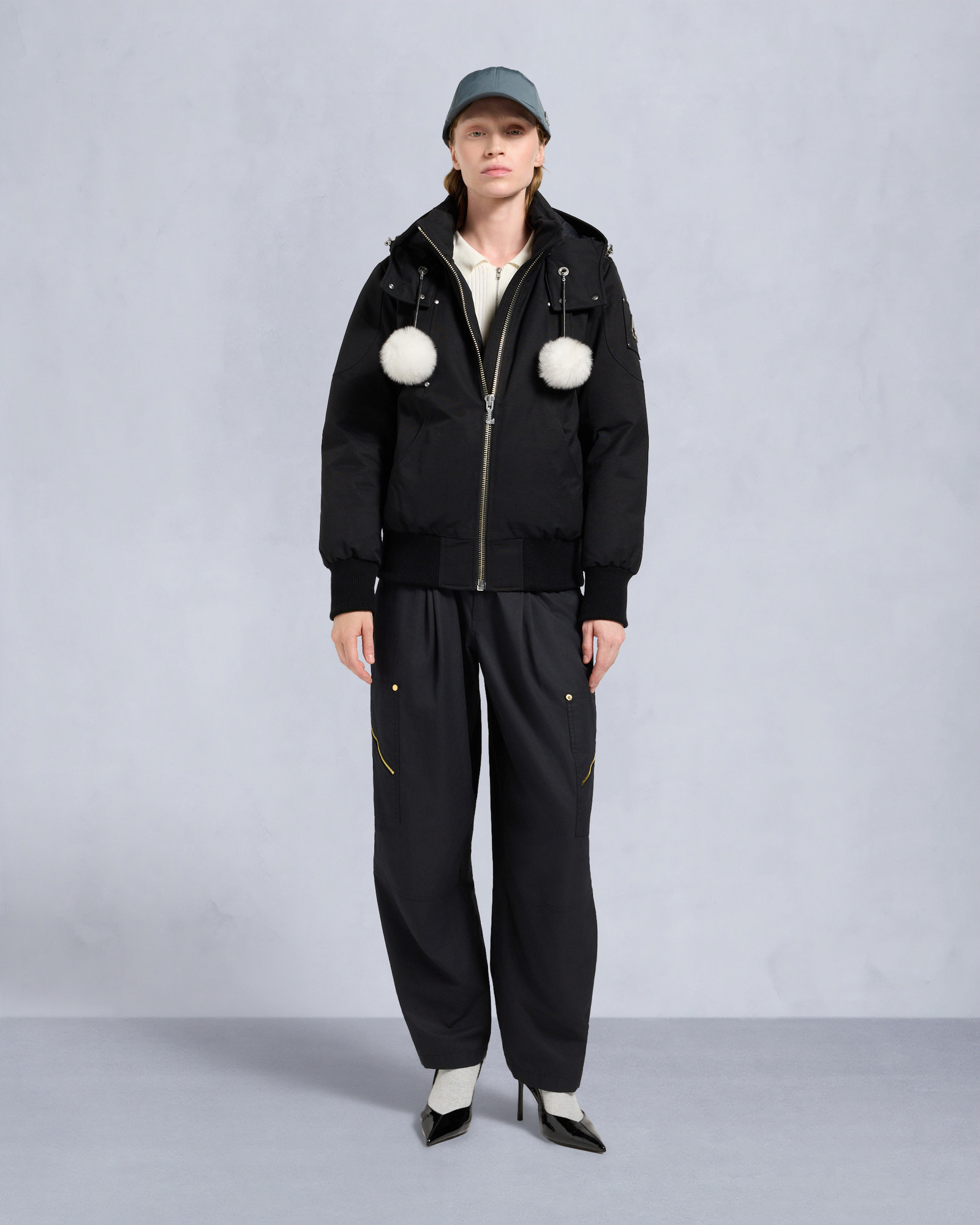 Moose Knuckles ORIGINAL DEBBIE SHEARLING TRIM BOMBER JACKET BLACK/NATURAL