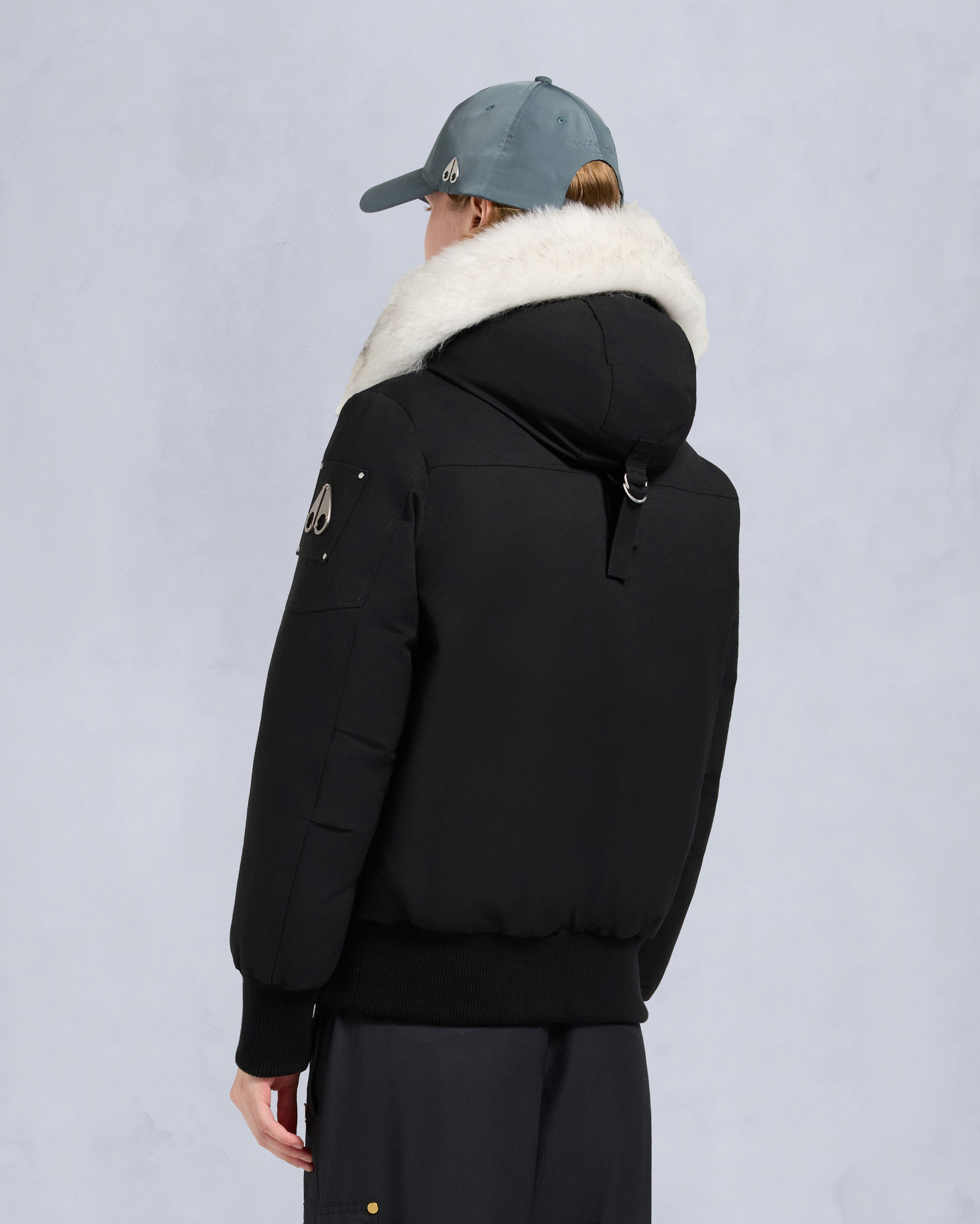 Moose Knuckles ORIGINAL DEBBIE SHEARLING TRIM BOMBER JACKET BLACK/NATURAL