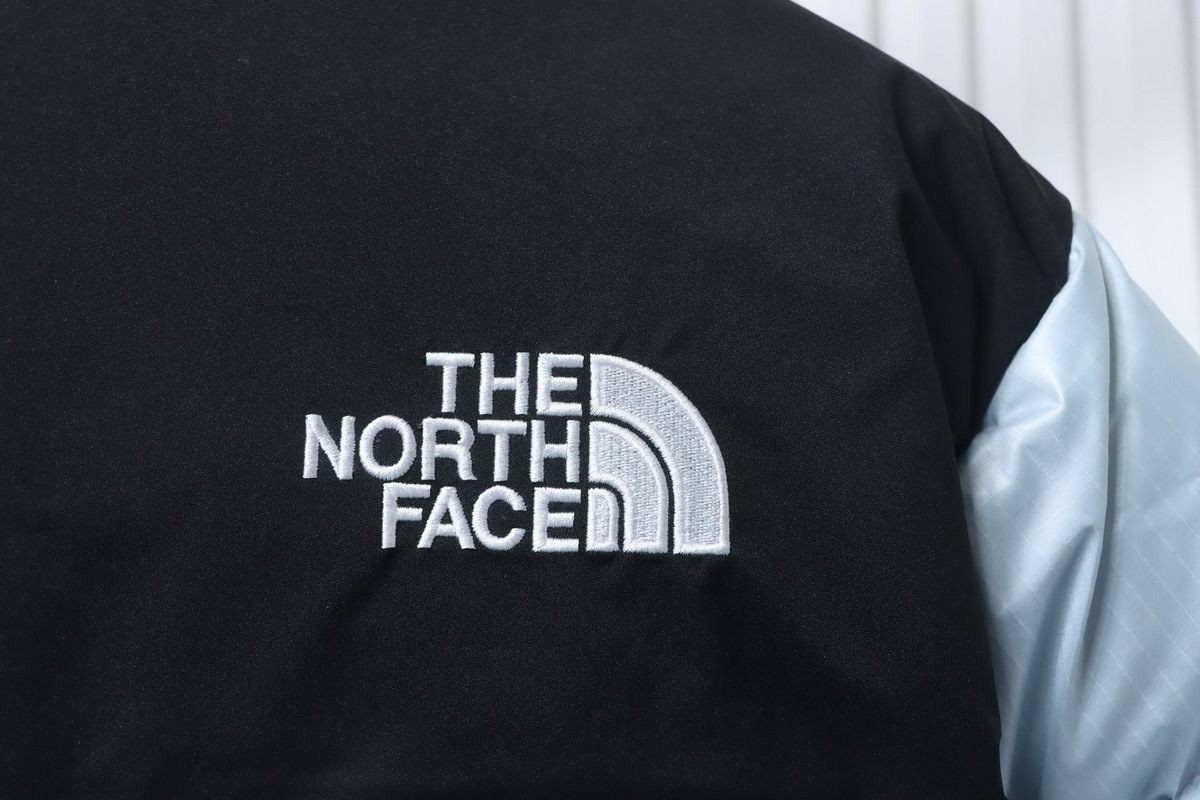 The North Face large plaid down jacket in gray-blue