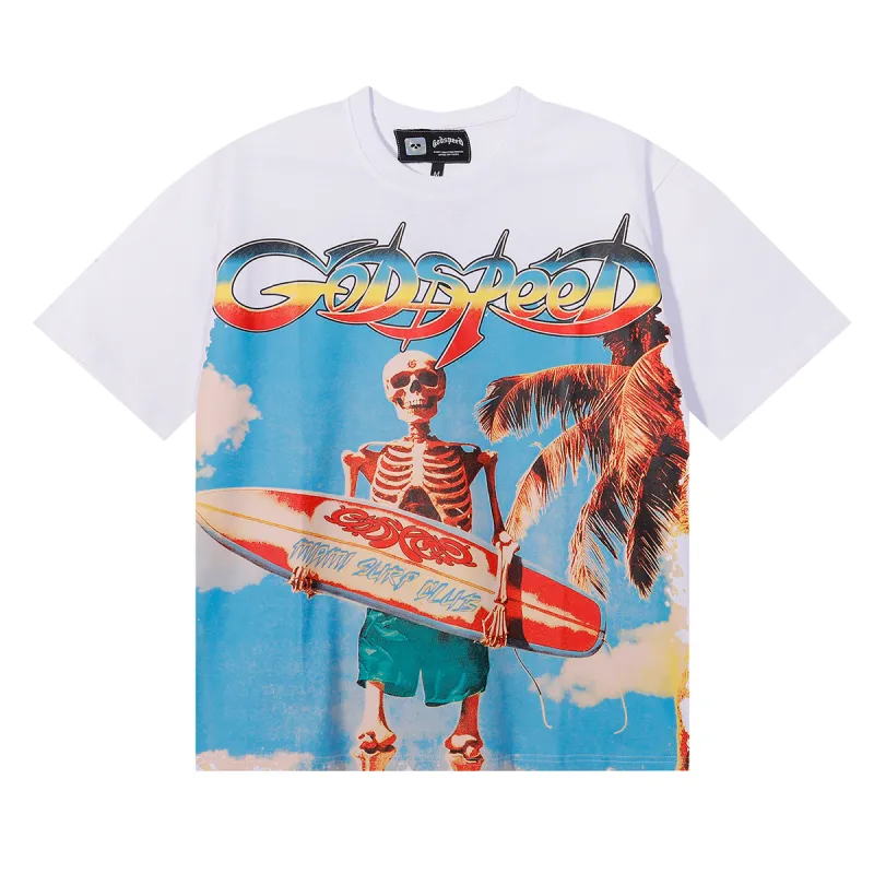 Godspeed Beach Skeleton Surfboard T-Shirt #7073 Yellow/Black/White