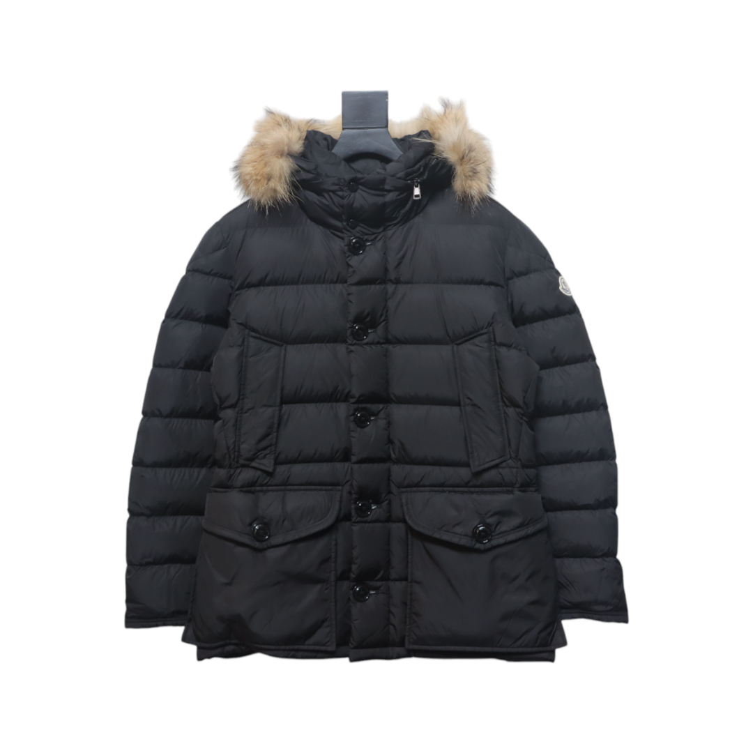  moncler  hooded down jacket with fur collar and buttons  black