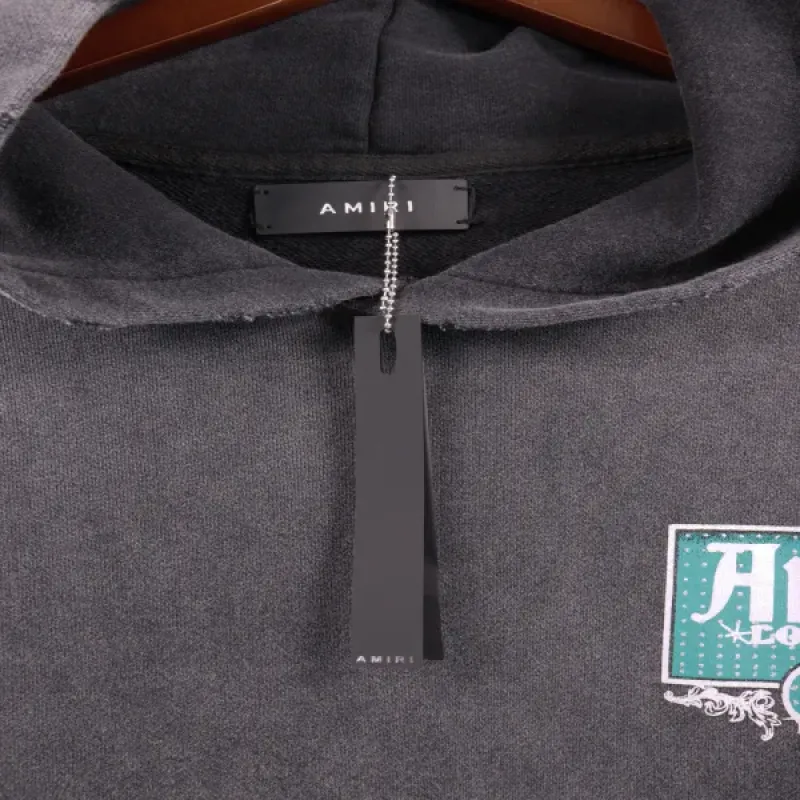 AMIRI Lounge Crystal Embellished Distressed Graphic Hoodie #5889 Black/Apricot