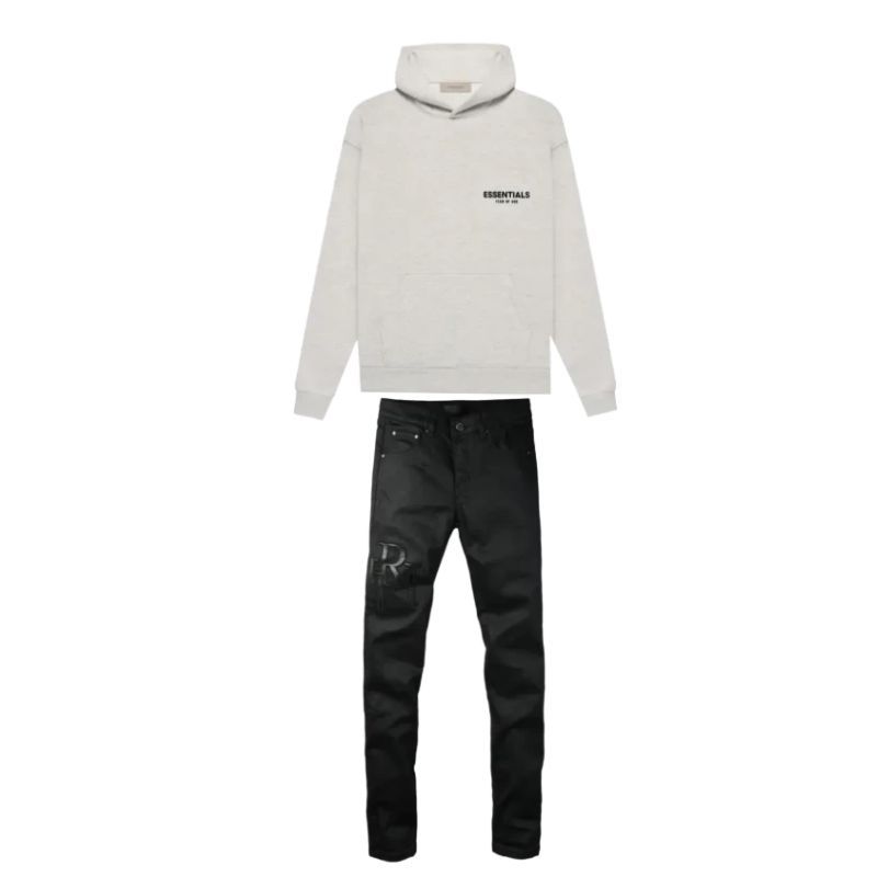 Fear of God Essentials Pullover Hoodie Light Heather Oatmeal + Amiri Jeans PK 8918