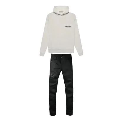 Fear of God Essentials Pullover Hoodie Light Heather Oatmeal + Amiri Jeans PK 8918 01