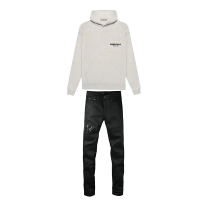 Fear of God Essentials Pullover Hoodie Light Heather Oatmeal + Amiri Jeans PK 8918 01