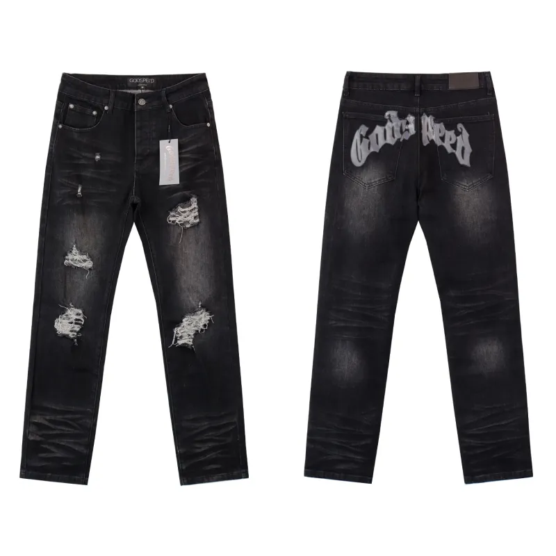  Godspeed Casual Comfort Holes Straight Jeans #8211 Black