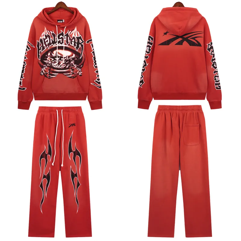 Hellstar Halloween Skeleton Airbrushed Hoodie & Sweatpants Set #5665-8199 Red