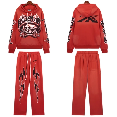 Hellstar Halloween Skeleton Airbrushed Hoodie & Sweatpants Set #5665-8199 Red 01