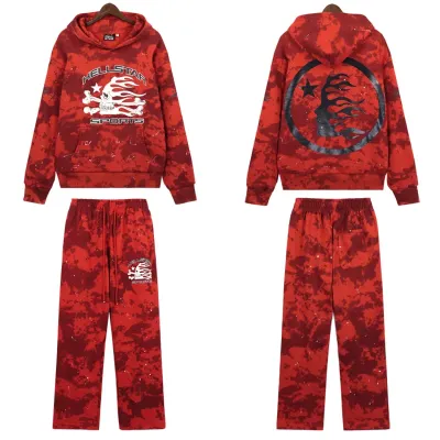 Hellstar Sports Tie-Dye Skull Hoodie & Sweatpants Set #8197 Red 01
