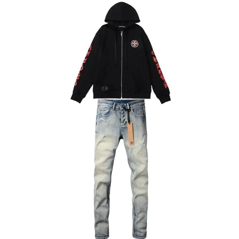 Chrome Hearts Horseshoe Floral Cross-Sleeve Zip Up Hoodie+Purple Brand Fashion Men Jeans 4+Ksubi Jeans PK 3009