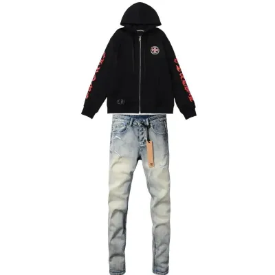 Chrome Hearts Horseshoe Floral Cross-Sleeve Zip Up Hoodie+Purple Brand Fashion Men Jeans 4+Ksubi Jeans PK 3009 01