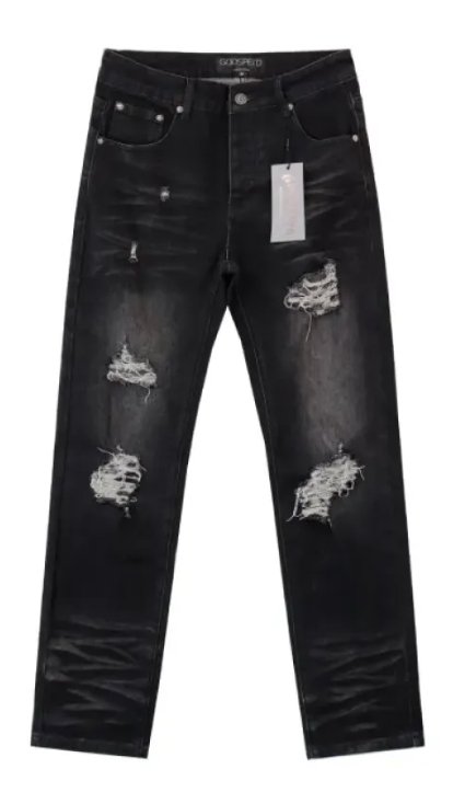 PK God Batch Burberry Black and white striped horse print short sleeves+Godspeed Casual Comfort Holes Straight Jeans #8211 Black