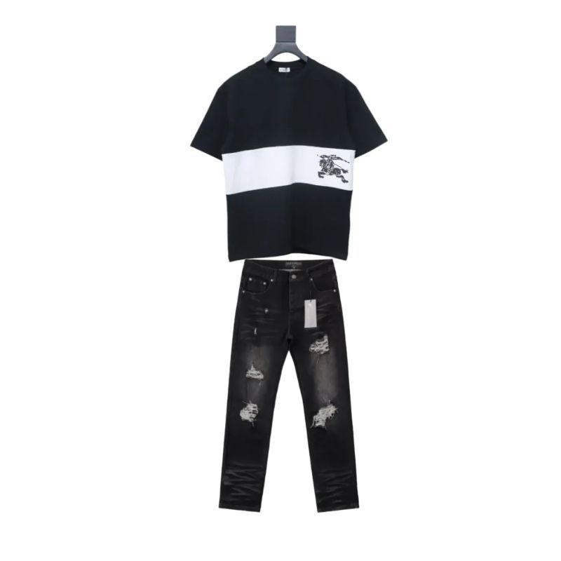 PK God Batch Burberry Black and white striped horse print short sleeves+Godspeed Casual Comfort Holes Straight Jeans #8211 Black