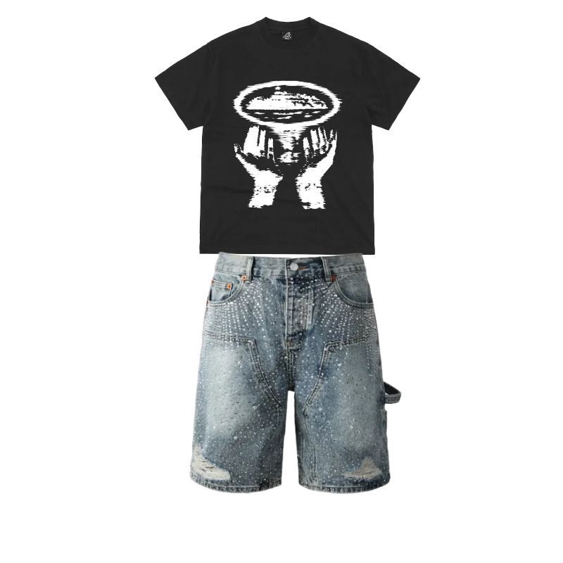  Corteiz Vortex Hands Tee Black +Purple Brand Denim Shorts PK5002