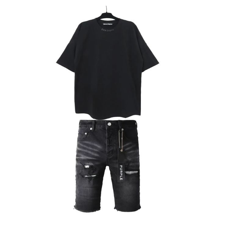 Palm Angels Oversize glittered logo cotton t-shirt+Purple Brand Shorts Pants Patchwork Men's Crease Skinny Fit Black Jeans 5001