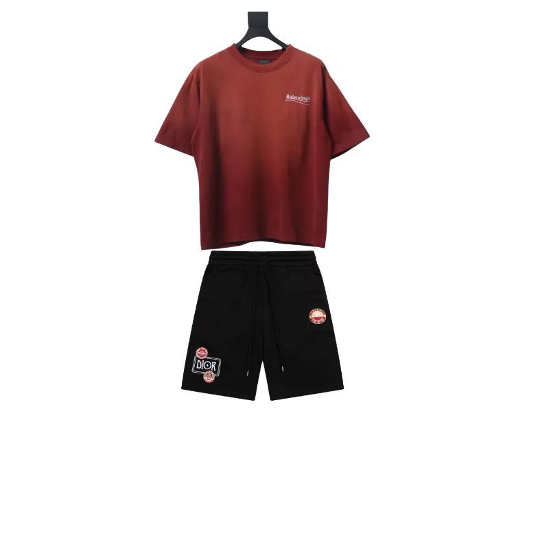 Balenciaga 25ss washed cola embroidery fried color hole short-sleeved T-shirt red+Dior Short pk03