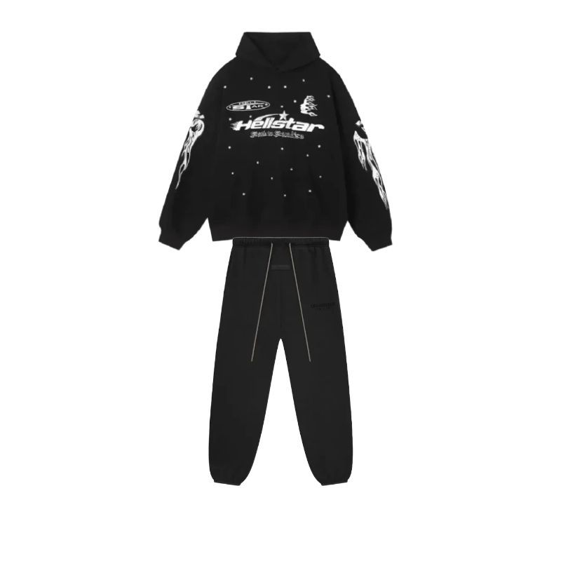 Hellstar Studios Records Tracksuit Black (single hoodie)+Fear of God Essentials Core Collection Sweatpants Black
