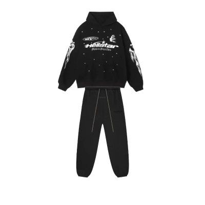 Hellstar Studios Records Tracksuit Black (single hoodie)+Fear of God Essentials Core Collection Sweatpants Black 01