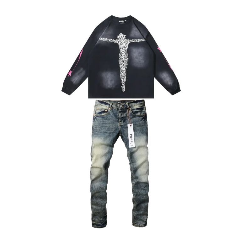 3 Hellstar Christ Long-Sleeve T-Shirt #652 Washed Black+Purple Brand Fashion Men Jeans YZ072431