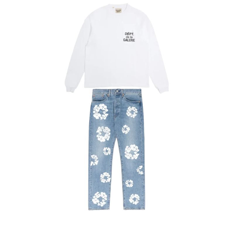Gallery Dept. De La GALERIE L/S Pocket T-shirt White+DENIM TEARS THE COTTON WREATH JEAN LIGHT WASH