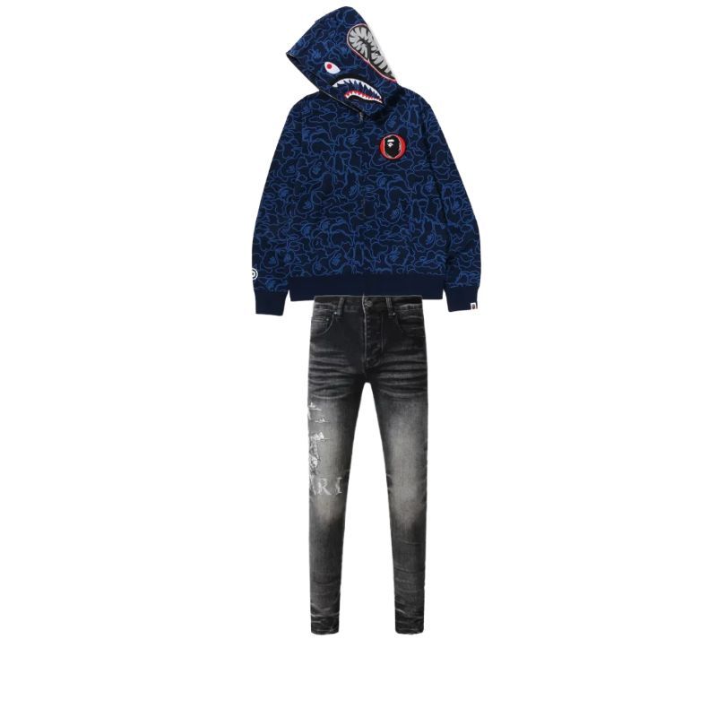 BAPE 30th Anniversary Line Camo Shark Full Zip Hoodie Navy+Amiri Jean 8906