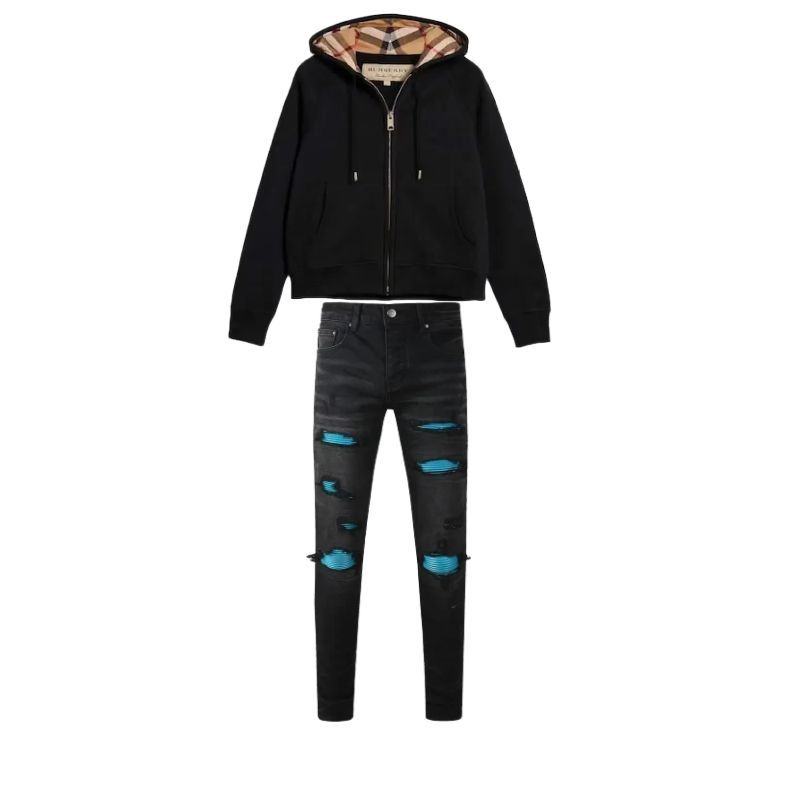 Burberry Zip Up Hoodie With Check Hood Black/Brich Brown+Amiri Jeans PK06282