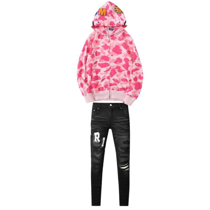 BAPE Color Camo Shark Zip Hoodie Pink+Amiri Jeans PK 8815