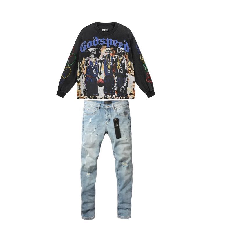 Godspeed Dream Team Long Sleeve T-shirt #1106 Black Wash+Purple Brand Fashion Men Jeans YZ072412